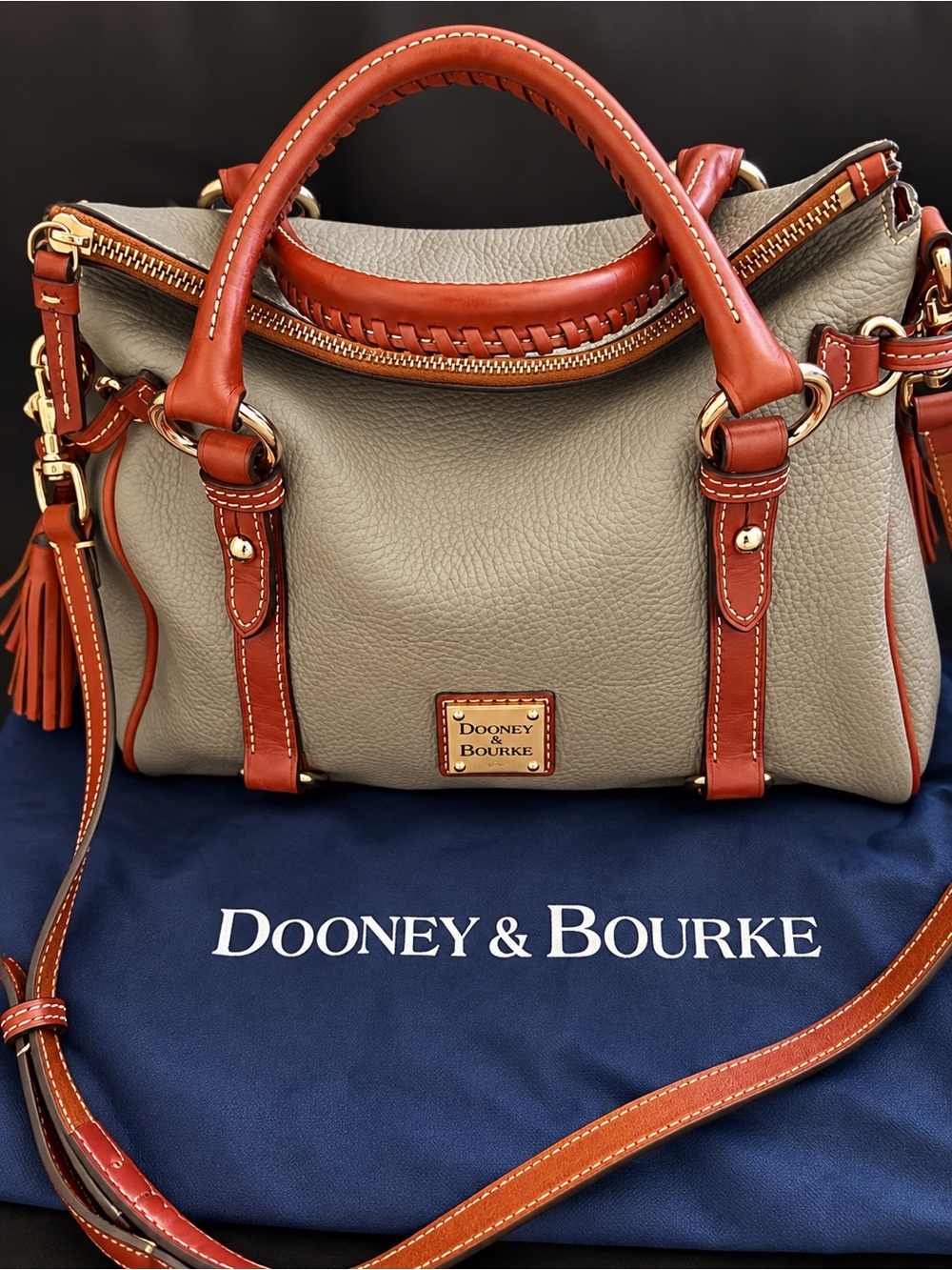 Dooney & Bourke Taupe Pebble Leather Satchel with Saddle Trim